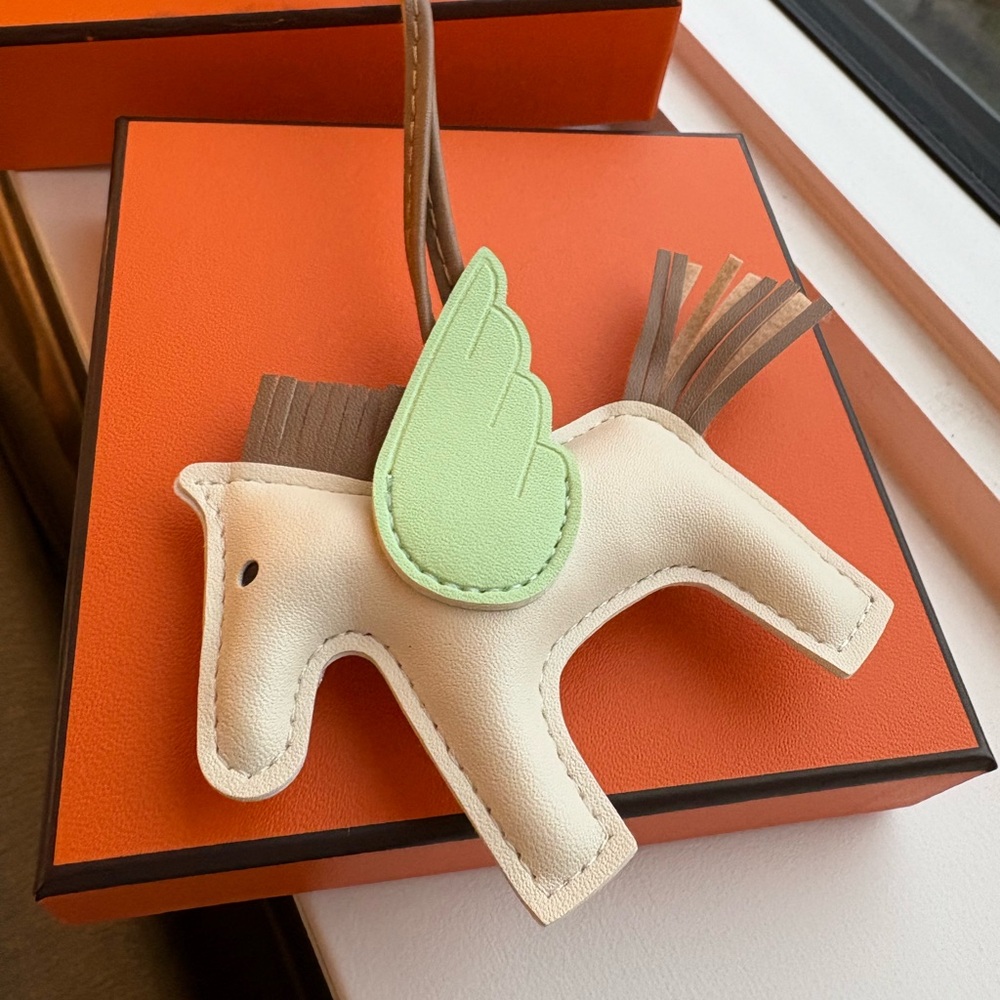 Genuine Leather Cream Horse With Green WingsBag Charm
